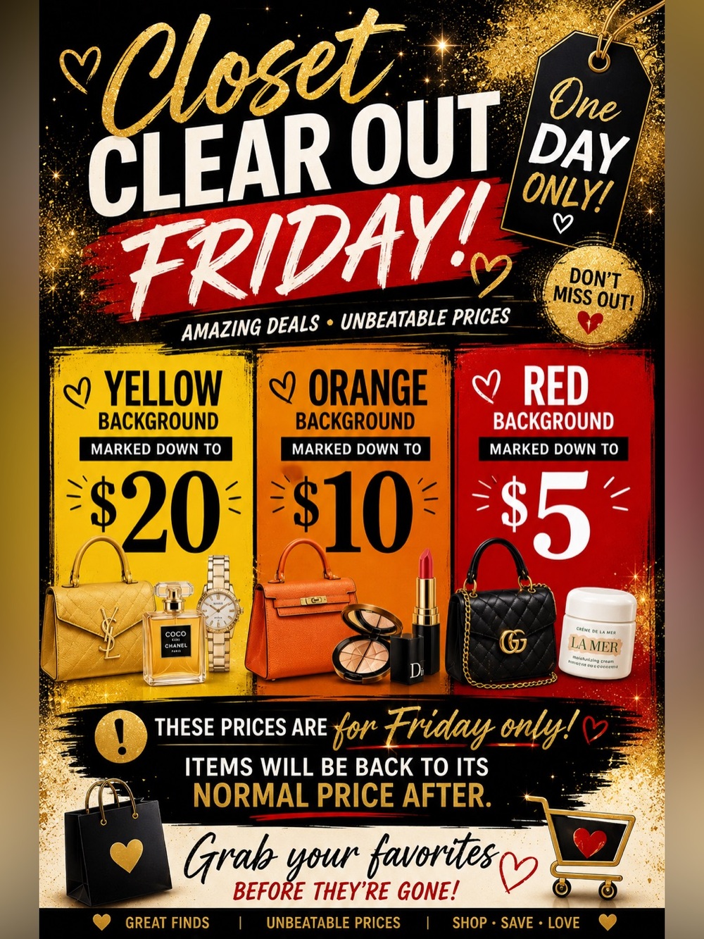 Closet Clear Out Friday! Party Sale Poster - Yellow, Orange & Red